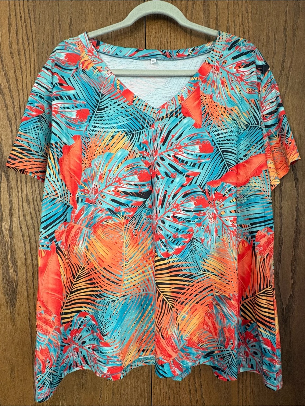 Coral Bay Tropical V-Neck Tee in Teal and Coral